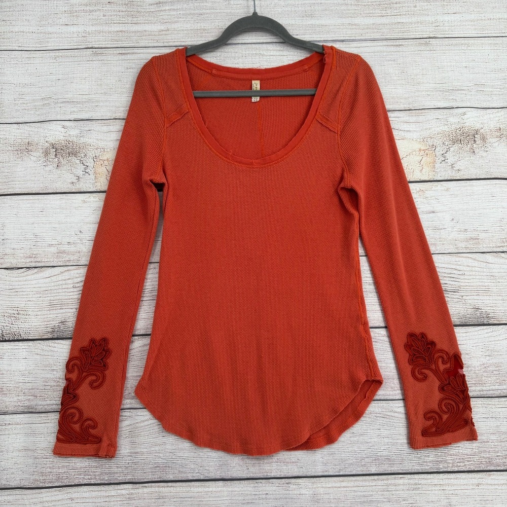 Free People Thermal Top Women Large Orange Embroidered Waffle Knit Scoop Neck